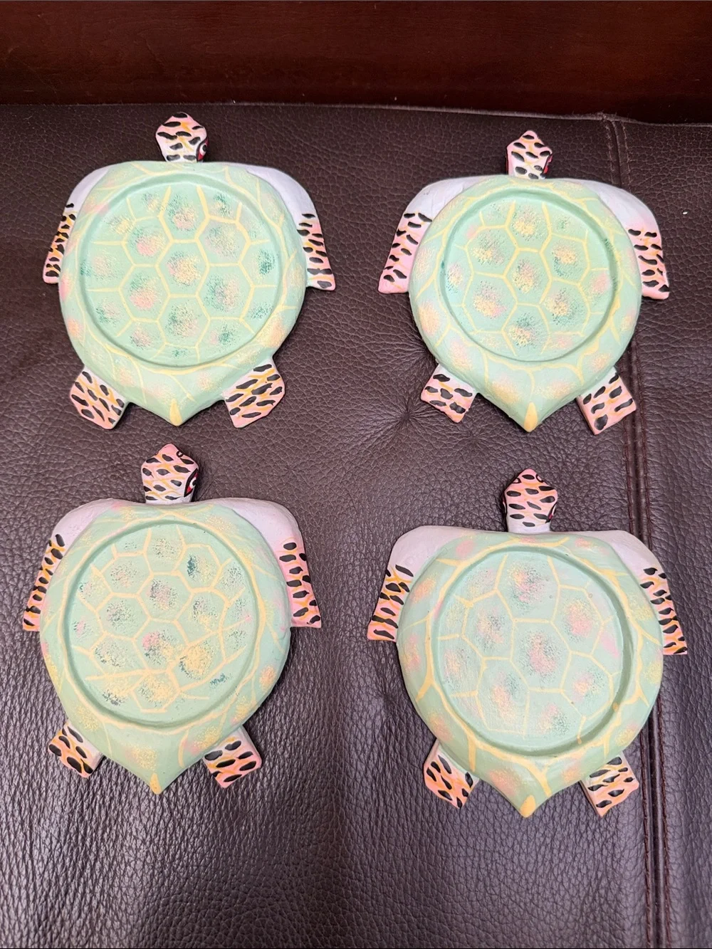 Hand Painted Wooden Folk Art Turtle Coasters Set of 4 in Pastel Green & Pink